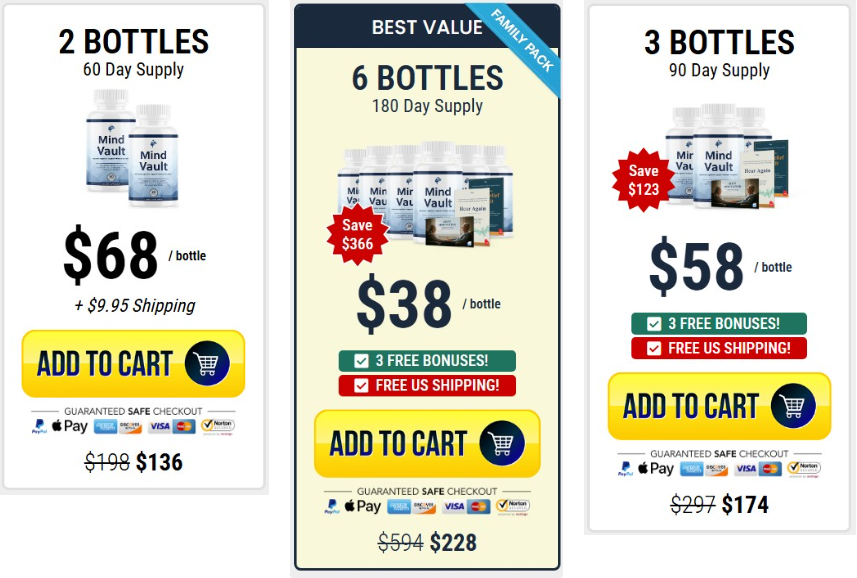 Mind Vault pricing packages: 2 bottles, 6 bottles best value, and 3 bottles
